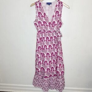 Ro's‎ Garden Pink White Tula Wrap Midi Dress Women's Medium Cotton Cottagecore